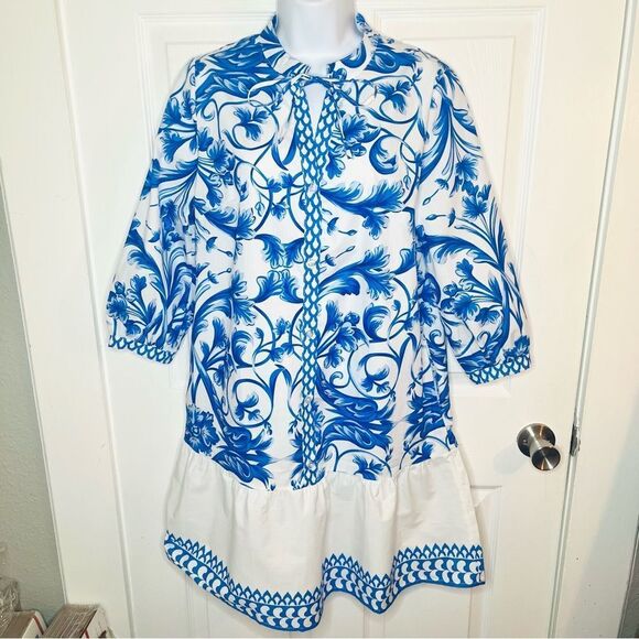 LINA TOMEI Italy Long Sleeve Cotton Baroque Drop Waist Dress Blue Floral M NWT - Picture 5 of 13